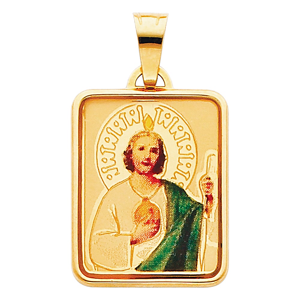 14KY ST. JUDE THADDEUS PICTURE PENDANT: 14KY St. Jude Thaddeus Picture Pendant Material Type : 14k Gold Material Color : Yellow Avg. Weight: Avg. Weight: 1.67 Gr. Size: Height 20.5 mm, Width 17.5 mm Accessories: None Notice: When