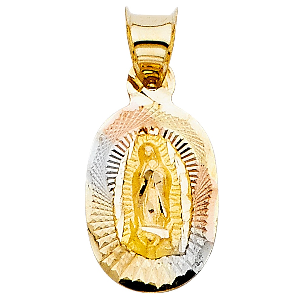 14K 3C RELIGIOUS STAMP PENDANT: 14K 3C Religious Stamp Pendant Material Type : 14k Gold Material Color : Tri Color Avg. Weight: Avg. Weight: 0.43 Gr. Size: Height 16 mm, Width 10 mm Accessories: None Notice: When purchasing