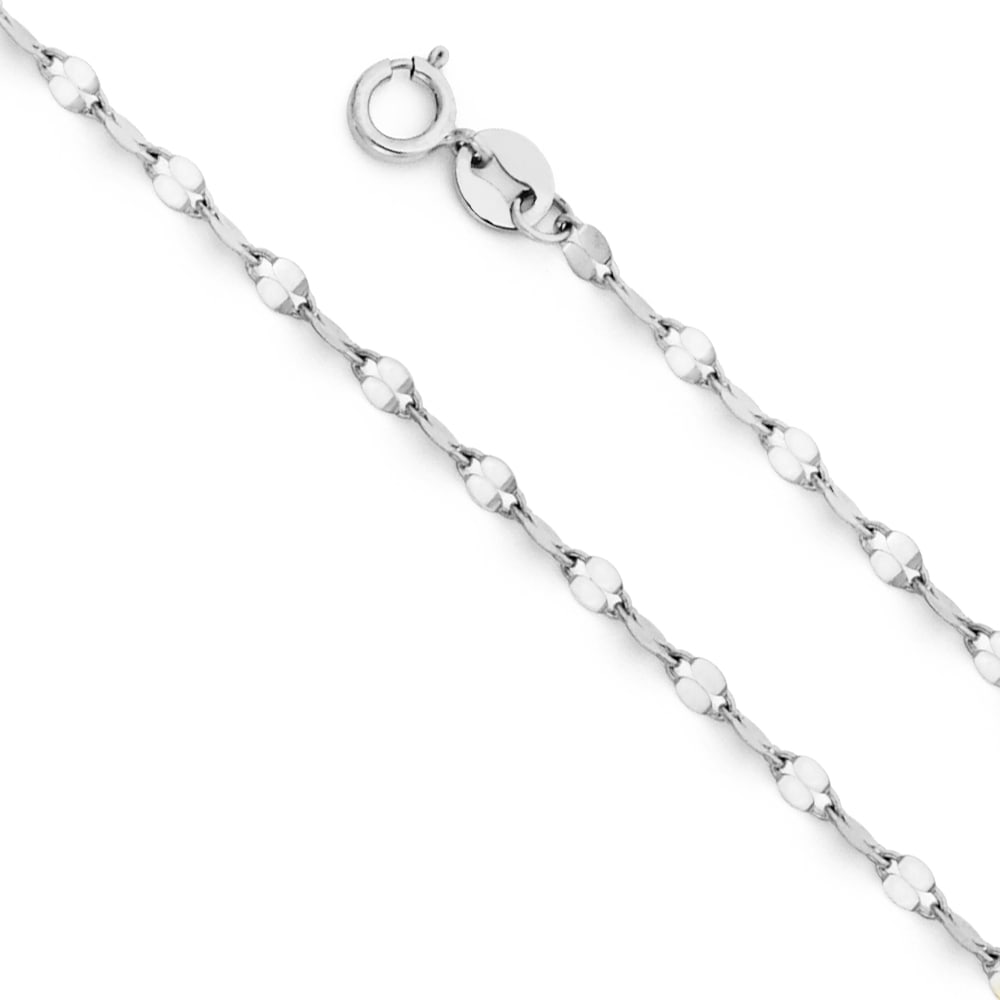 14KW TWISTED MIRROR CHAIN: 14KW Twisted Mirror Chain Material Type : 14k Gold Material Color : White Avg. Weight: Avg. Weight: 1.23 Gr. Size: Length : 16 inch, Width 2mm Accessories: None Notice: When purchasing pre-owned