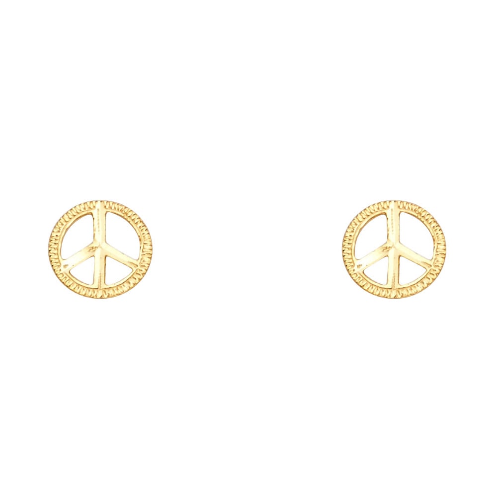 14KY SMALL PEACE SYMBOL POST EARRINGS: 14KY Small Peace Symbol Post Earrings Material Type : 14k Gold Material Color : Yellow Avg. Weight: Avg. Weight: 0.63 Gr. Size: Height : 8 mm, Width : 8 mm Accessories: None Notice: When purchasing