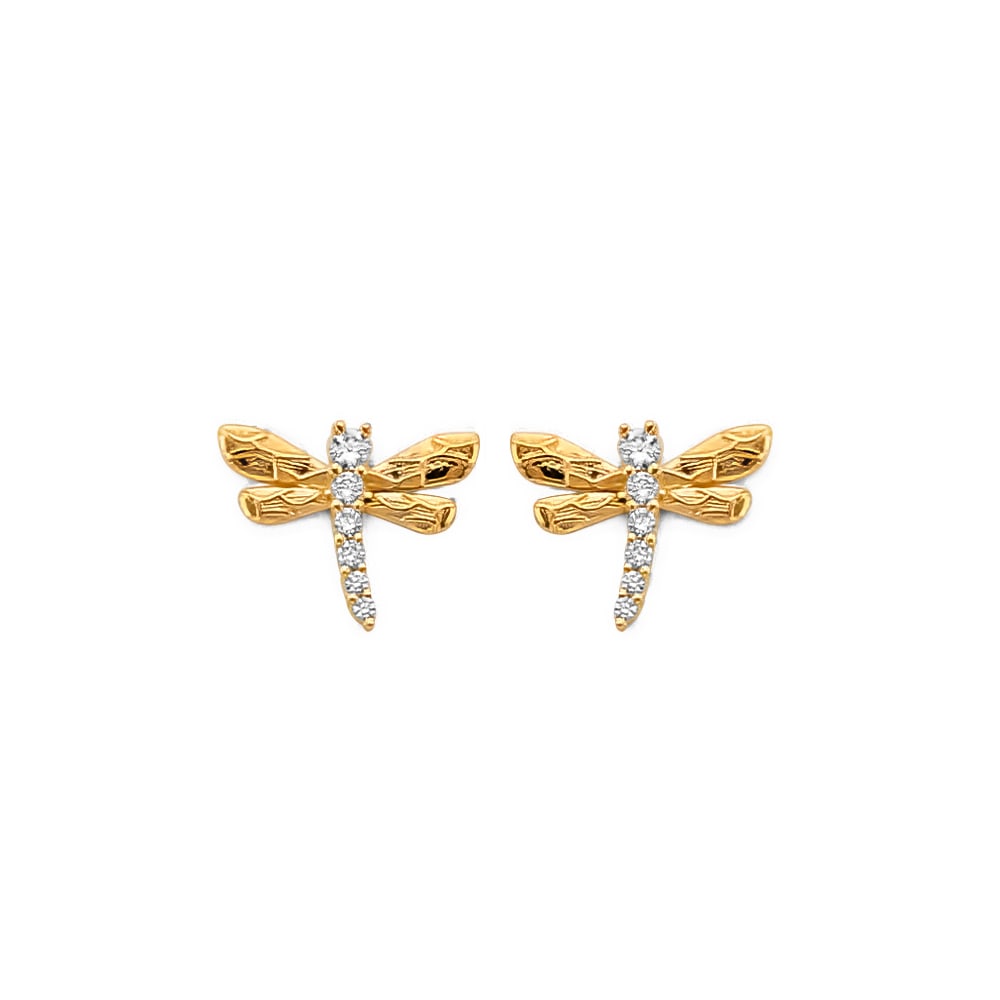 14KY CZ DRAGONFLY PUSH BACK EARRINGS: 14KY CZ Dragonfly Push Back Earrings Material Type : 14k Gold Material Color : Yellow Avg. Weight: Avg. Weight: 0.81 Gr. Size: Height : 8 mm, Width : 10 mm Accessories: None Notice: When purchasing