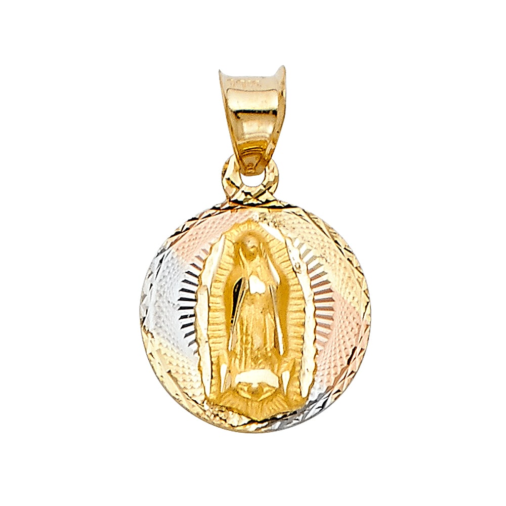14K 3C RELIGIOUS STAMP PENDANT: 14K 3C Religious Stamp Pendant Material Type : 14k Gold Material Color : Tri Color Avg. Weight: Avg. Weight: 0.74 Gr. Size: Height 20 mm, Width 13 mm Accessories: None Notice: When purchasing