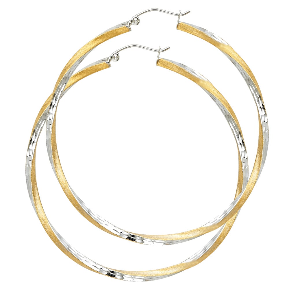 14K 2T SF DC SWIRL HOOP EARRINGS: 14K 2T SF DC Swirl Hoop Earrings Material Type : 14k Gold Material Color : Two Tone Avg. Weight: Avg. Weight: 4.2 Gr. Size: Height : 55 mm, Width : 55 mm Accessories: None Notice: When purchasing