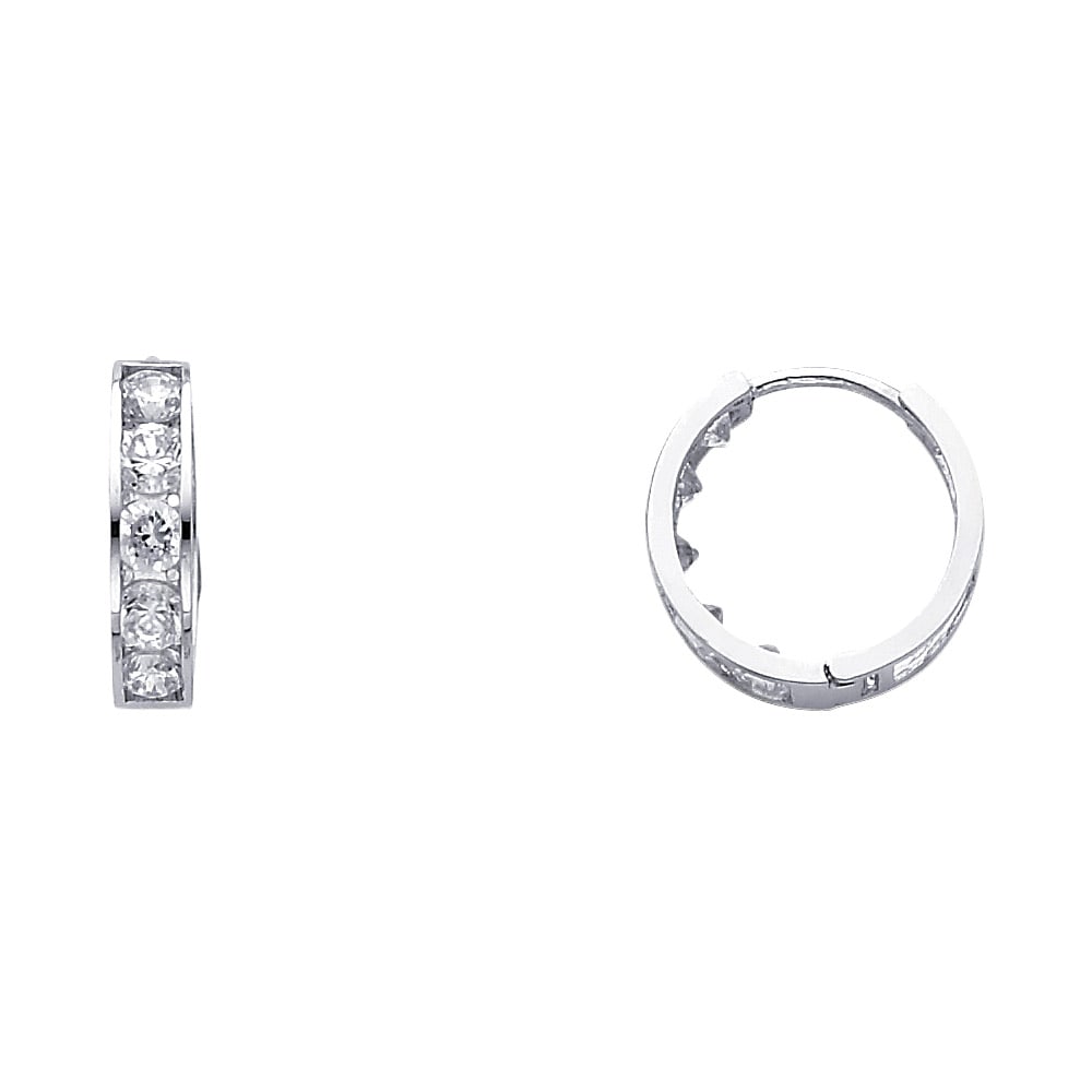 14KW CZ HUGGIES EARRINGS: 14KW CZ Huggies Earrings Material Type : 14k Gold Material Color : White Avg. Weight: Avg. Weight: 1.75 Gr. Size: Height : 15 mm, Width : 15 mm Accessories: None Notice: When purchasing pre-owned