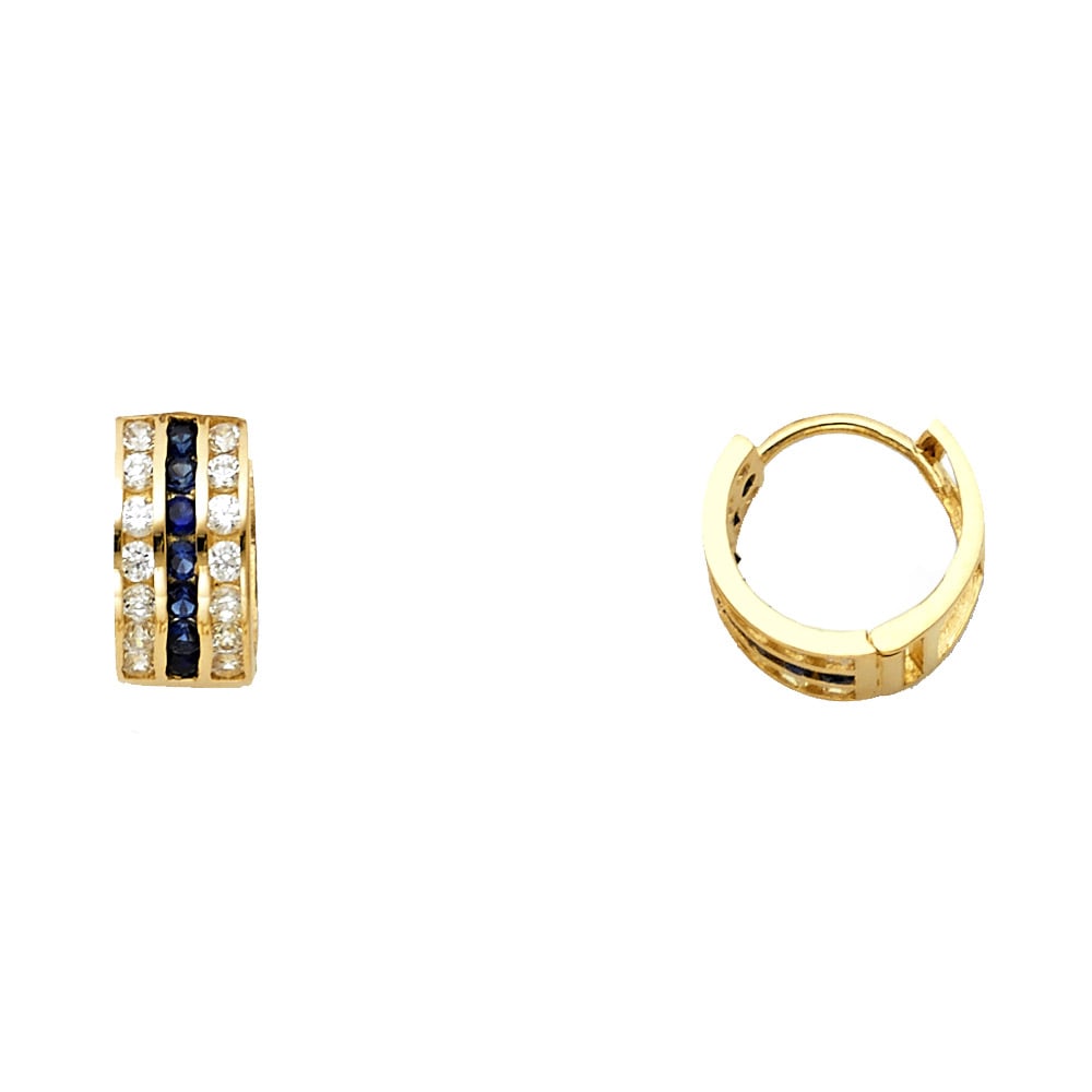 14KY BLUE & WHITE CZ HUGGIES EARRINGS: 14KY Blue & White CZ Huggies Earrings Material Type : 14k Gold Material Color : Yellow Avg. Weight: Avg. Weight: 1.43 Gr. Size: Height : 10 mm, Width : 10 mm Accessories: None Notice: When purchasing