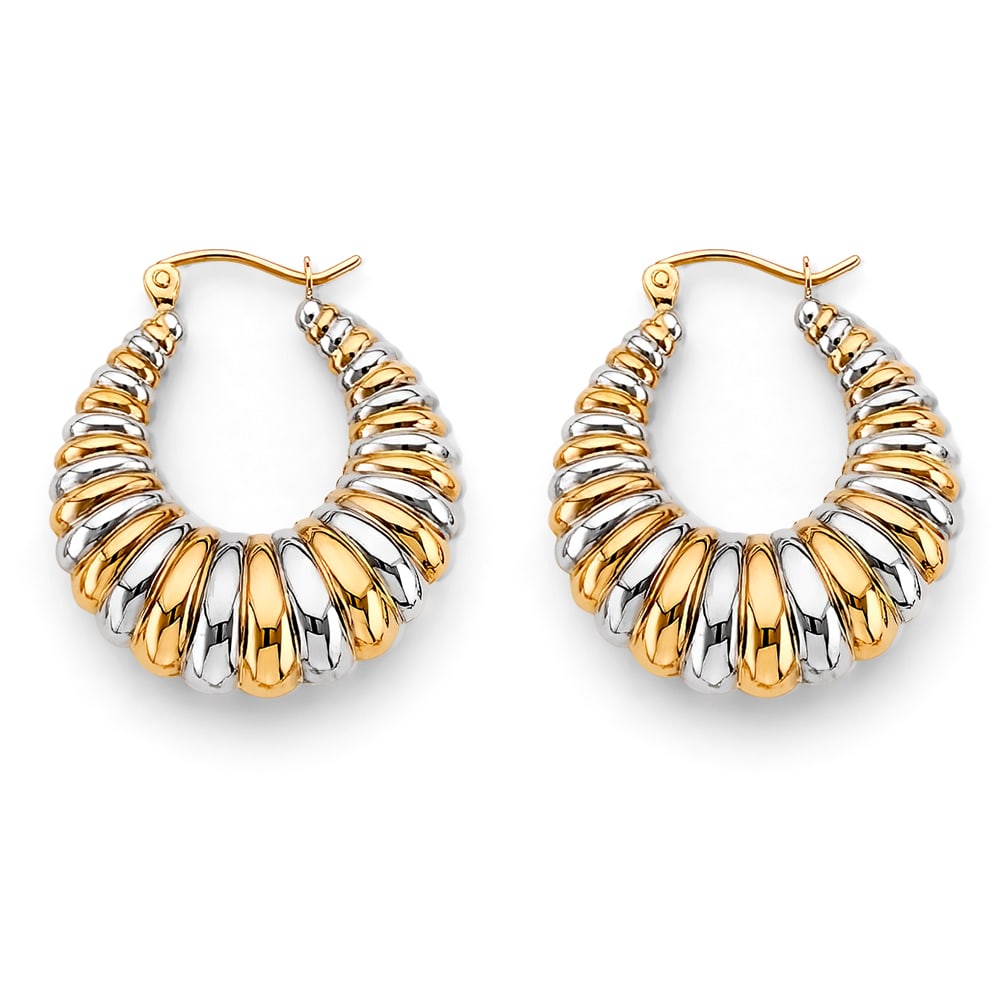 14K 2T SHINY HOLLOW HOOP EARRINGS: 14K 2T Shiny Hollow Hoop Earrings Material Type : 14k Gold Material Color : TWO ONE Avg. Weight: Avg. Weight: 2.77 Gr. Size: Height : 25 mm, Width : 23 mm Accessories: None Notice: When purchasing