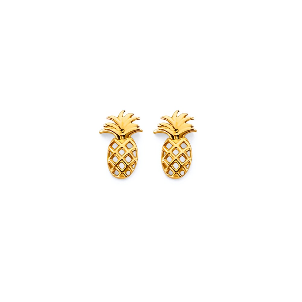 14KY CZ PINEAPPLE PUSH BACK EARRINGS: 14KY CZ Pineapple Push Back Earrings Material Type : 14k Gold Material Color : Yellow Avg. Weight: Avg. Weight: 0.81 Gr. Size: Height : 8 mm, Width : 5 mm Accessories: None Notice: When purchasing