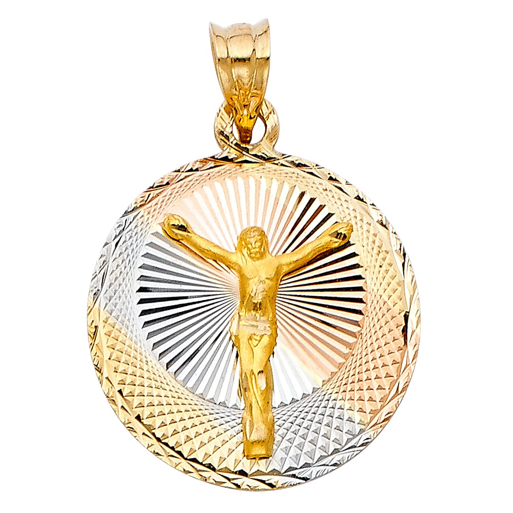 14K 3C RELIGIOUS STAMP PENDANT: 14K 3C Religious Stamp Pendant Material Type : 14k Gold Material Color : Tri Color Avg. Weight: Avg. Weight: 1.99 Gr. Size: Height 25 mm, Width 20 mm Accessories: None Notice: When purchasing
