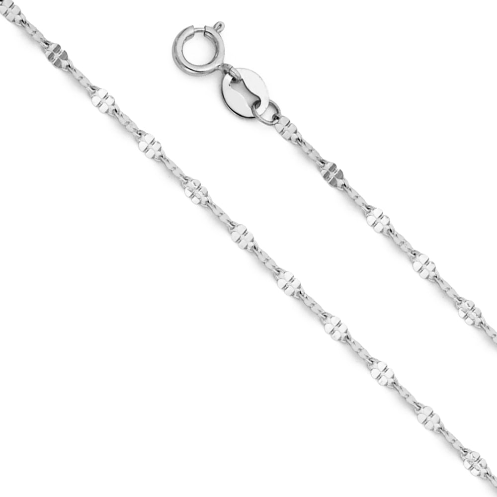 14KW TWISTED MIRROR CHAIN: 14KW Twisted Mirror Chain Material Type : 14k Gold Material Color : White Avg. Weight: Avg. Weight: 0.86 Gr. Size: Length : 16 inch, Width 1.7mm Accessories: None Notice: When purchasing pre-owned