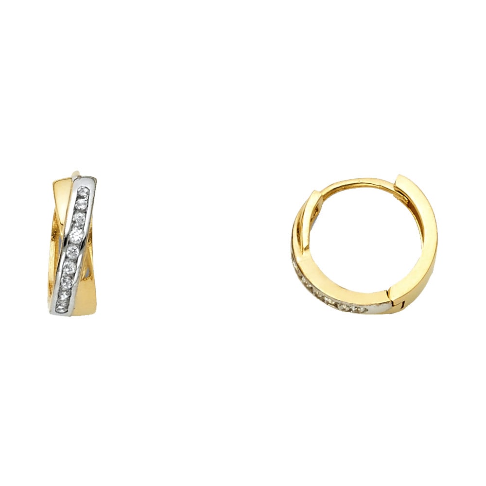 14K 2T CZ HUGGIES EARRINGS: 14K 2T CZ Huggies Earrings Material Type : 14k Gold Material Color : Two Tone Avg. Weight: Avg. Weight: 2.43 Gr. Size: Height : 12 mm, Width : 12 mm Accessories: None Notice: When purchasing