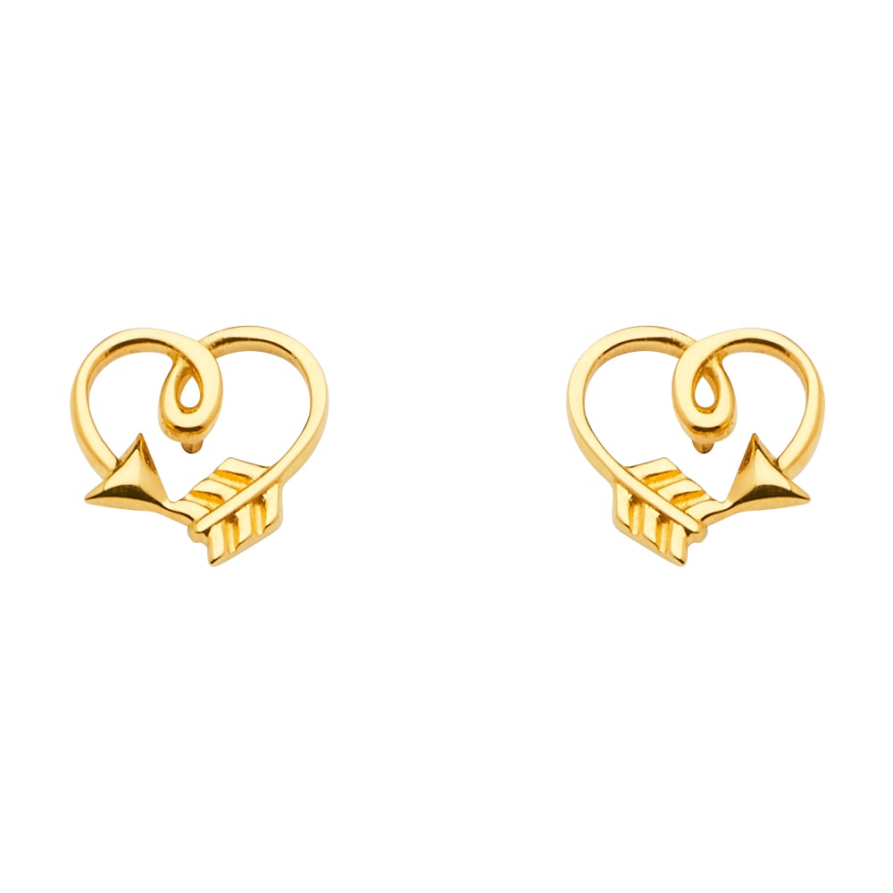 14KY ARROW HEART EARRINGS WITH PUSH BACK: 14KY Arrow Heart Earrings with Push Back Material Type : 14k Gold Material Color : Yellow Avg. Weight: Avg. Weight: 0.95 Gr. Size: Height : 8 mm, Width : 8 mm Accessories: None Notice: When