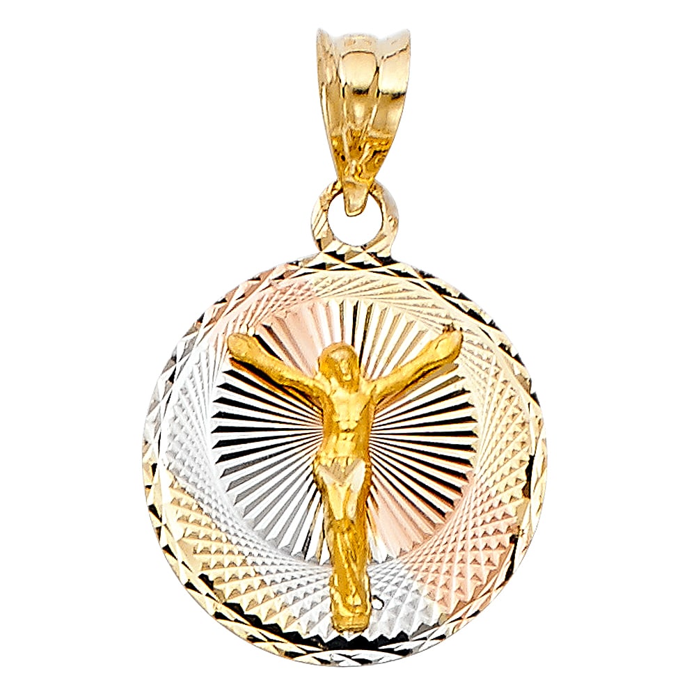 14K 3C RELIGIOUS STAMP PENDANT: 14K 3C Religious Stamp Pendant Material Type : 14k Gold Material Color : Tri Color Avg. Weight: Avg. Weight: 1.3 Gr. Size: Height 20 mm, Width 15 mm Accessories: None Notice: When purchasing
