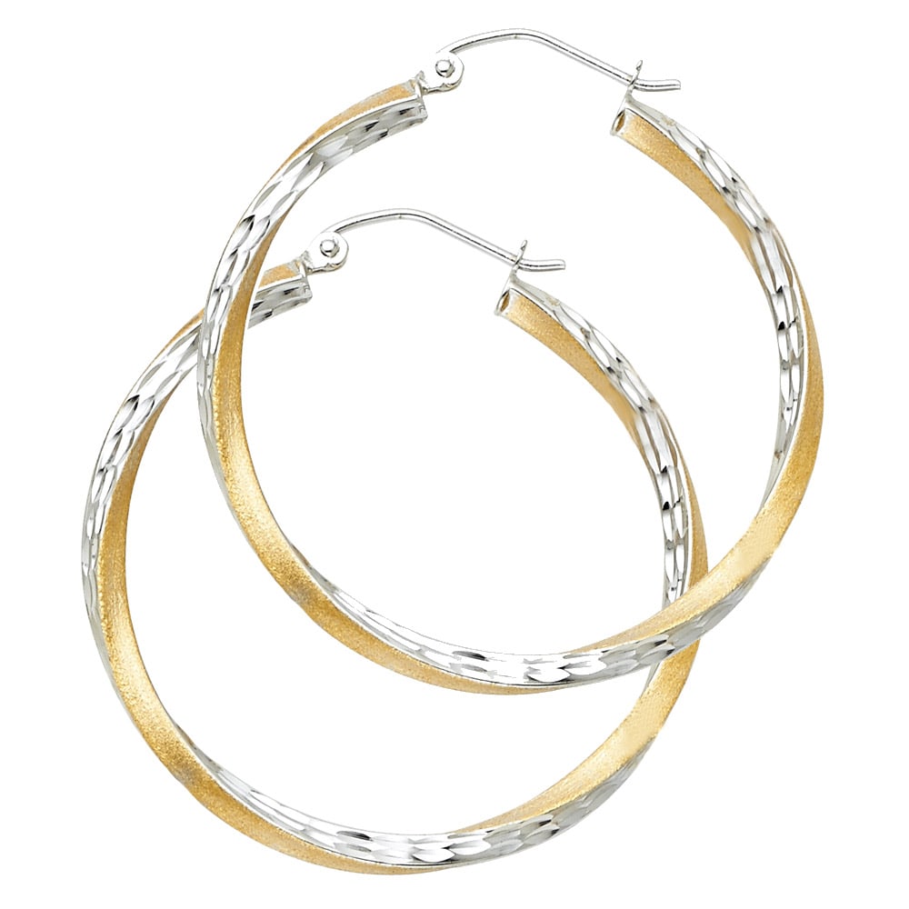 14K 2T SF DC SWIRL HOOP EARRINGS: 14K 2T SF DC Swirl Hoop Earrings Material Type : 14k Gold Material Color : Two Tone Avg. Weight: Avg. Weight: 2.57 Gr. Size: Height : 35 mm, Width : 35 mm Accessories: None Notice: When purchasing