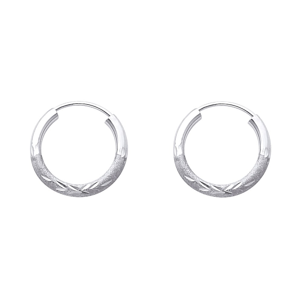 14KW BUDDED DC ENDLESS HOOP EARRINGS: 14KW Budded DC Endless Hoop Earrings Material Type : 14k Gold Material Color : White Avg. Weight: Avg. Weight: 0.59 Gr. Size: Height : 15 mm, Width : 15 mm Accessories: None Notice: When purchasing