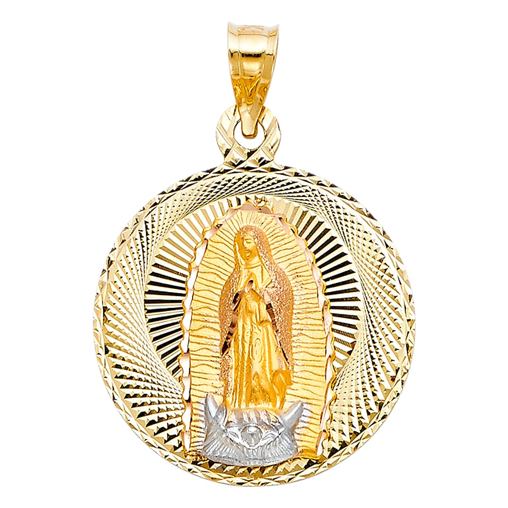14K 2T RELIGIOUS STAMP PENDANT: 14K 2T Religious Stamp Pendant Material Type : 14k Gold Material Color : Two Tone Avg. Weight: Avg. Weight: 4.38 Gr. Size: Height 32 mm, Width 27 mm Accessories: None Notice: When purchasing