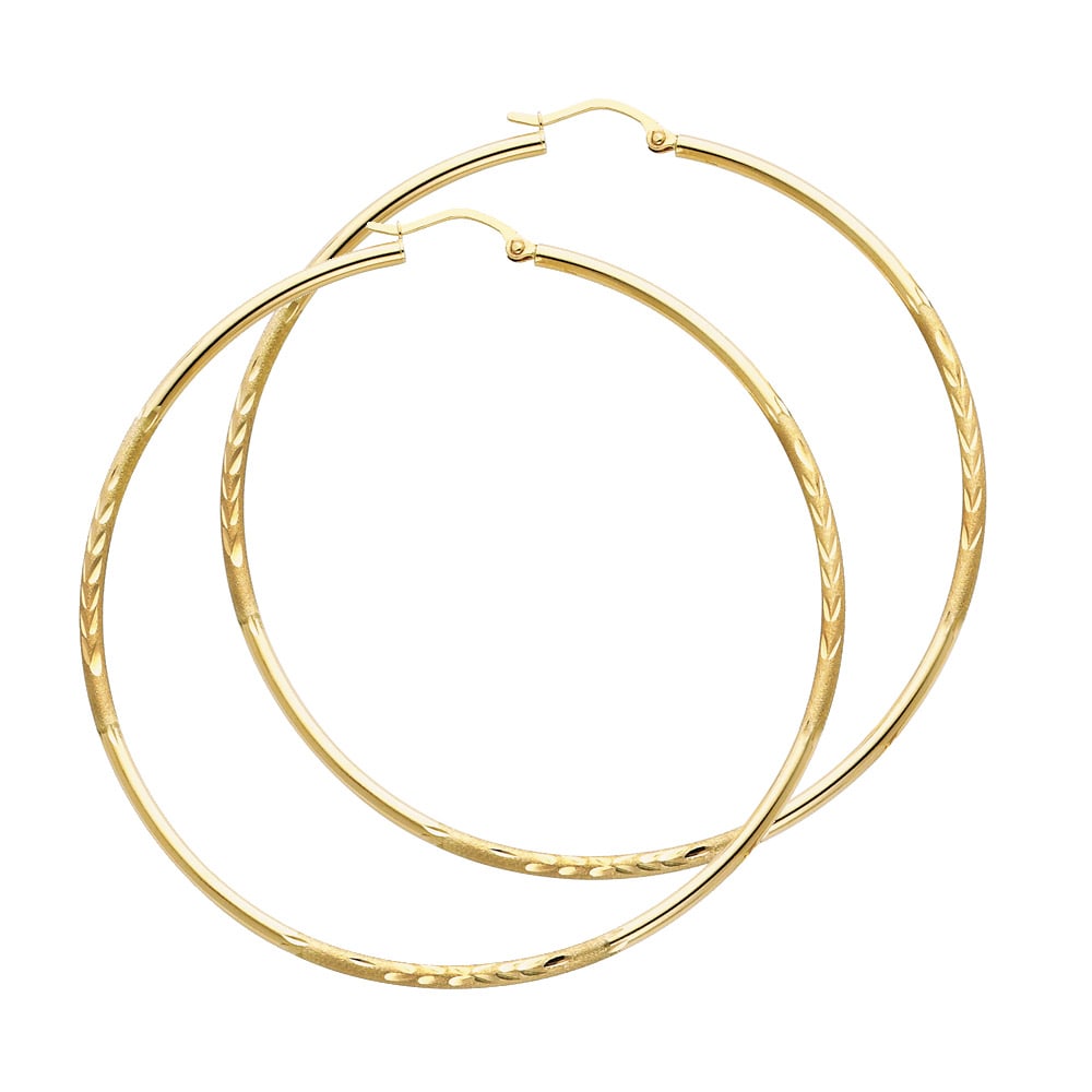 14KY BUDDED DC ROUND TUBE HOOP EARRINGS: 14KY Budded DC Round Tube Hoop Earrings Material Type : 14k Gold Material Color : Yellow Avg. Weight: Avg. Weight: 3.26 Gr. Size: Height : 65 mm, Width : 65 mm Accessories: None Notice: When