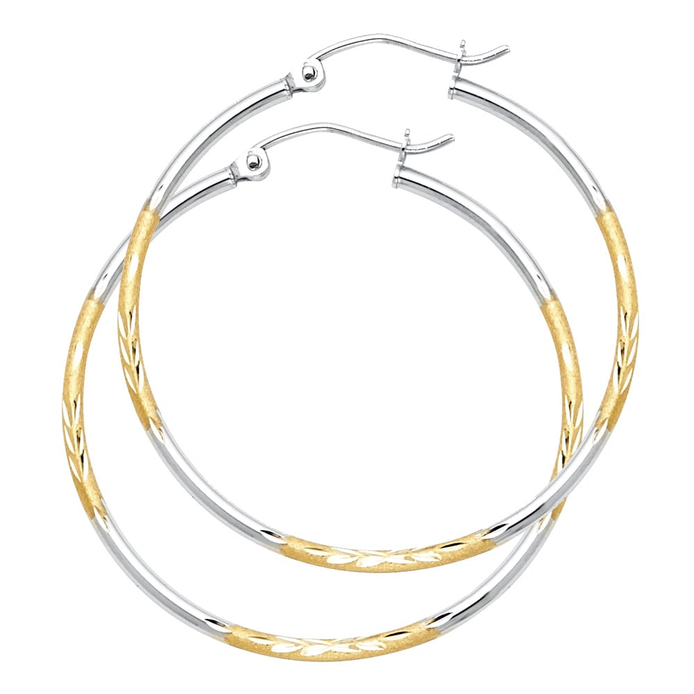 14K 2T BUDDED DC HOOP EARRINGS: 14K 2T Budded DC Hoop Earrings Material Type : 14k Gold Material Color : Two Tone Avg. Weight: Avg. Weight: 1.34 Gr. Size: Height : 35 mm, Width : 35 mm Accessories: None Notice: When purchasing