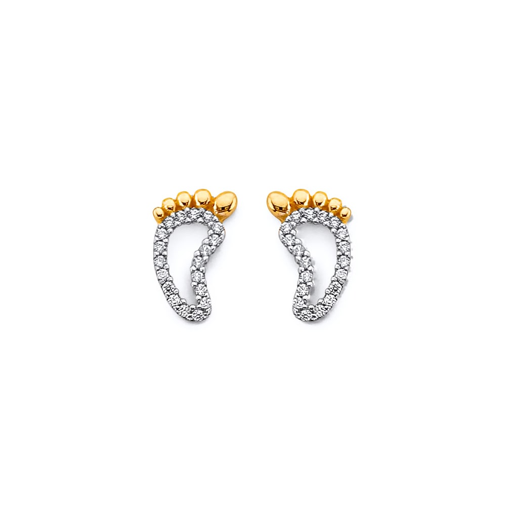 14K 2T CZ FOORPRINTS PUSH BACK EARRINGS: 14K 2T CZ Foorprints Push Back Earrings Material Type : 14k Gold Material Color : Two Tone Avg. Weight: Avg. Weight: 1.24 Gr. Size: Height : 10 mm, Width : 7 mm Accessories: None Notice: When