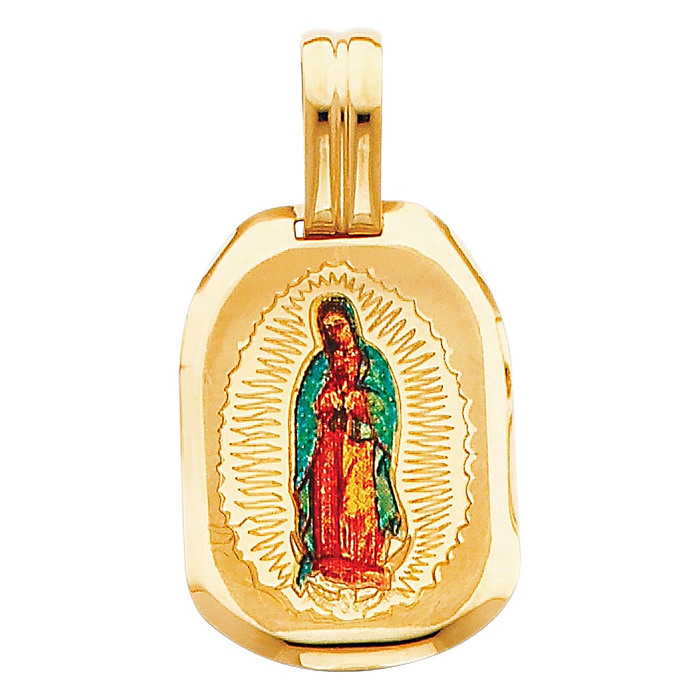 14KY VIRGIN DE GUADALUPE PICTURE PENDANT: 14KY Virgin De Guadalupe Picture Pendant Material Type : 14k Gold Material Color : Yellow Avg. Weight: Avg. Weight: 1.47 Gr. Size: Height 23 mm, Width 17.5 mm Accessories: None Notice: When