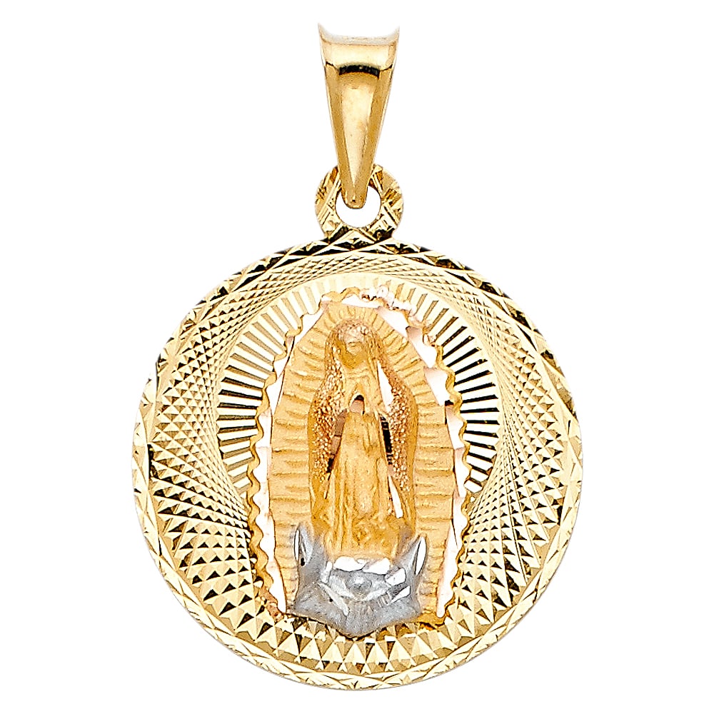 14K 2T RELIGIOUS STAMP PENDANT: 14K 2T Religious Stamp Pendant Material Type : 14k Gold Material Color : Two Tone Avg. Weight: Avg. Weight: 1.41 Gr. Size: Height 15 mm, Width 20 mm Accessories: None Notice: When purchasing