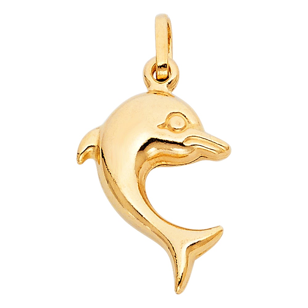 14KY HOLLOW DOLPHIN PENDANT: 14KY Hollow Dolphin Pendant Material Type : 14k Gold Material Color : Yellow Avg. Weight: Avg. Weight: 1.31 Gr. Size: Height 23 mm, Width 15 mm Accessories: None Notice: When purchasing pre-owned
