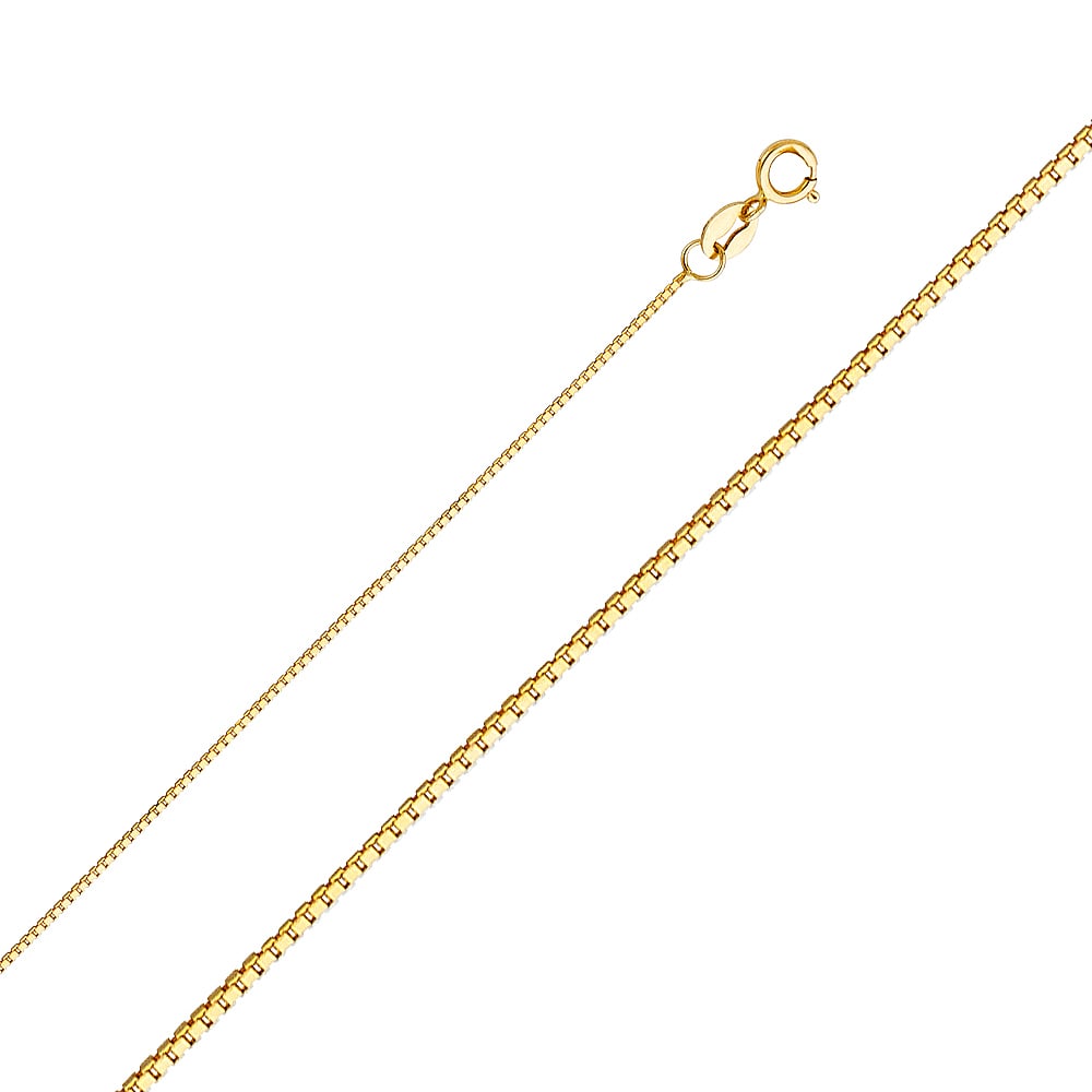 14KY BOX CHAIN: 14KY Box Chain Material Type : 14k Gold Material Color : Yellow Avg. Weight: Avg. Weight: 1.41 Gr. Size: Length : 16 inch, Width 0.6mm Accessories: None Notice: When purchasing pre-owned goods,