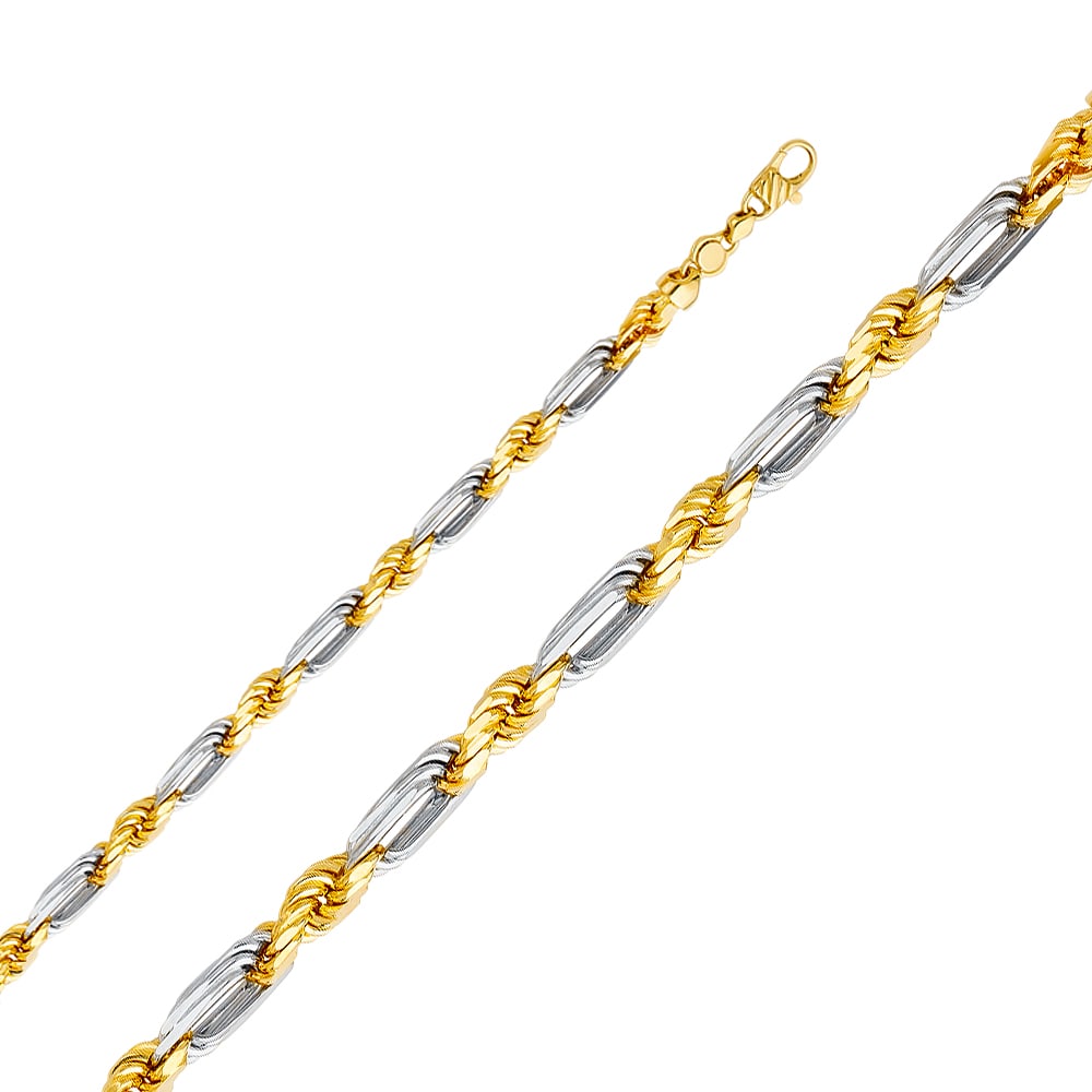 14K 2T FIGAROPE CHAIN: 14K 2T Figarope Chain Material Type : 14k Gold Material Color : Two Tone Avg. Weight: Avg. Weight: 42.26 Gr. Size: Length : 9 inch, Width 7.5mm Accessories: None Notice: When purchasing pre-owned g