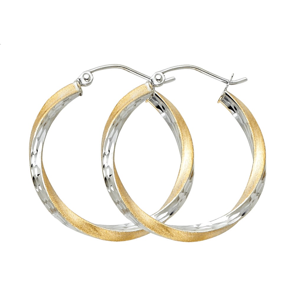 14K 2T SF DC SWIRL HOOP EARRINGS: 14K 2T SF DC Swirl Hoop Earrings Material Type : 14k Gold Material Color : Two Tone Avg. Weight: Avg. Weight: 1.85 Gr. Size: Height : 25 mm, Width : 25 mm Accessories: None Notice: When purchasing