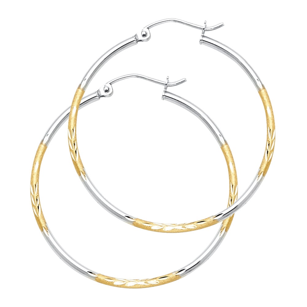 14K 2T BUDDED DC HOOP EARRINGS: 14K 2T Budded DC Hoop Earrings Material Type : 14k Gold Material Color : Two Tone Avg. Weight: Avg. Weight: 1.01 Gr. Size: Height : 25 mm, Width : 25 mm Accessories: None Notice: When purchasing