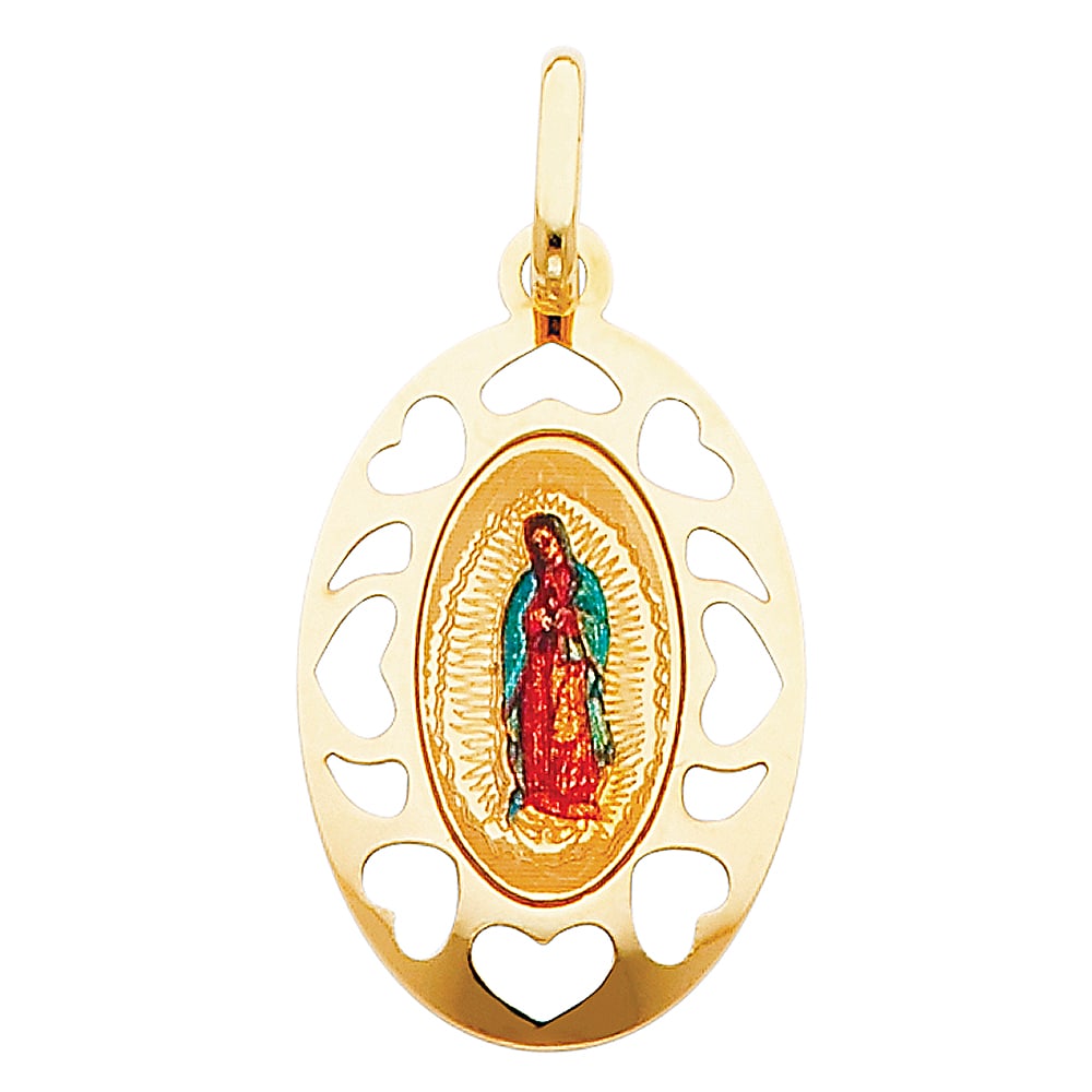 14KY VIRGIN DE GUADALUPE PICTURE PENDANT: 14KY Virgin De Guadalupe Picture Pendant Material Type : 14k Gold Material Color : Yellow Avg. Weight: Avg. Weight: 1.01 Gr. Size: Height 25.5 mm, Width 17.5 mm Accessories: None Notice: When