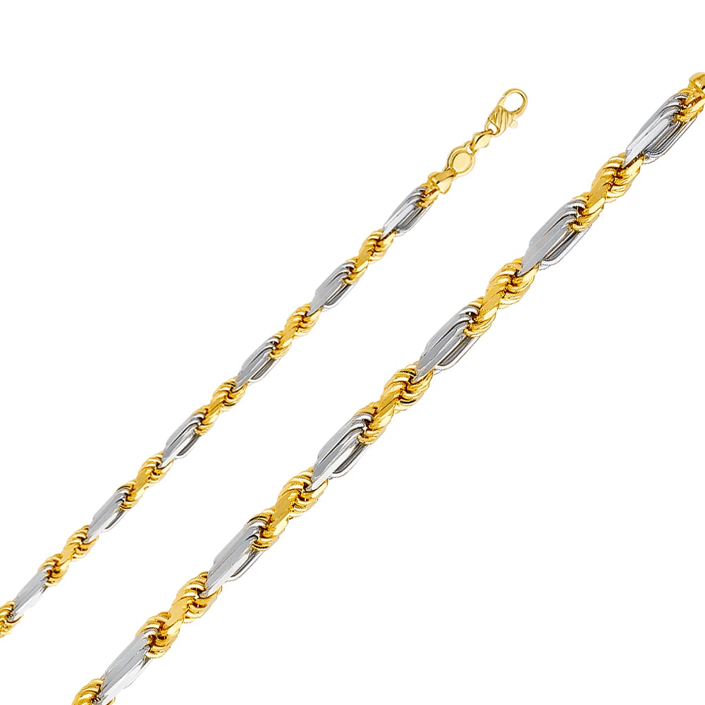 14K 2T FIGAROPE CHAIN: 14K 2T Figarope Chain Material Type : 14k Gold Material Color : Two Tone Avg. Weight: Avg. Weight: 32.56 Gr. Size: Length : 8.5 inch, Width 6.5mm Accessories: None Notice: When purchasing pre-owned