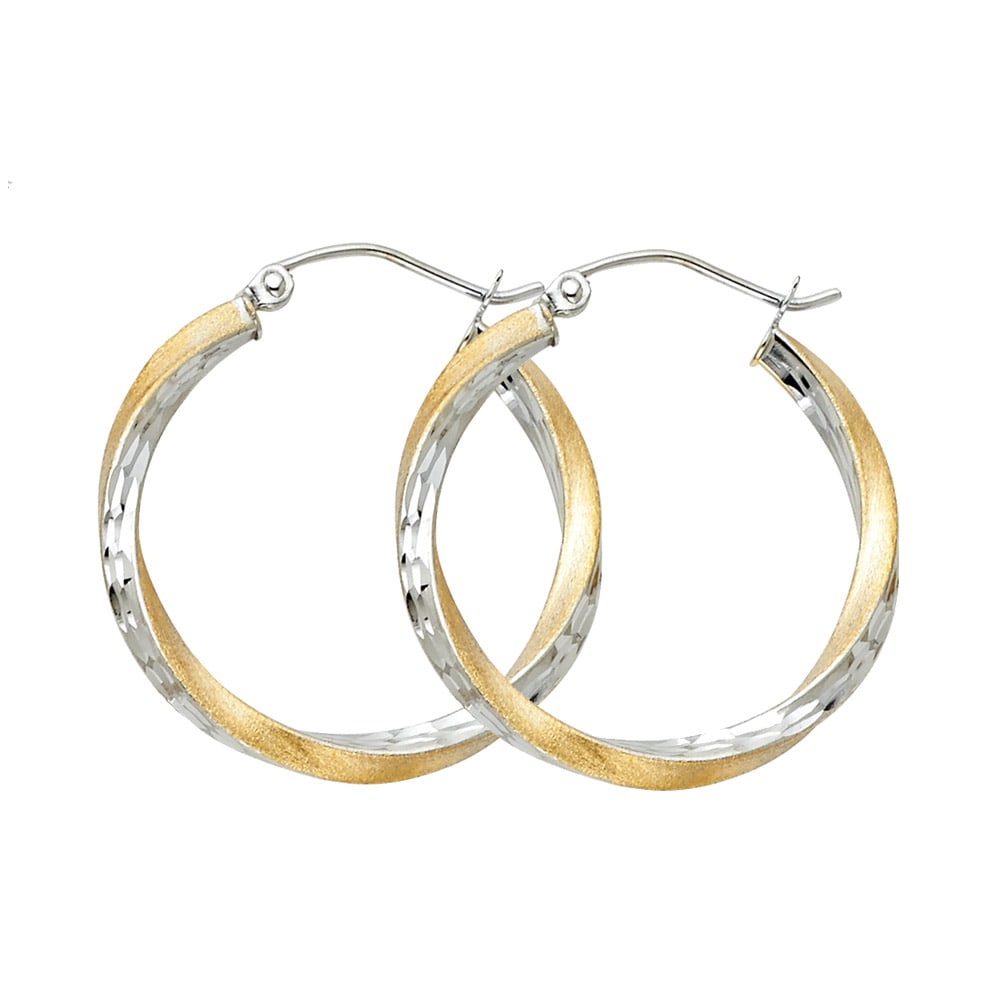 14K 2T SF DC SWIRL HOOP EARRINGS: 14K 2T SF DC Swirl Hoop Earrings Material Type : 14k Gold Material Color : Two Tone Avg. Weight: Avg. Weight: 1.45 Gr. Size: Height : 20 mm, Width : 20 mm Accessories: None Notice: When purchasing