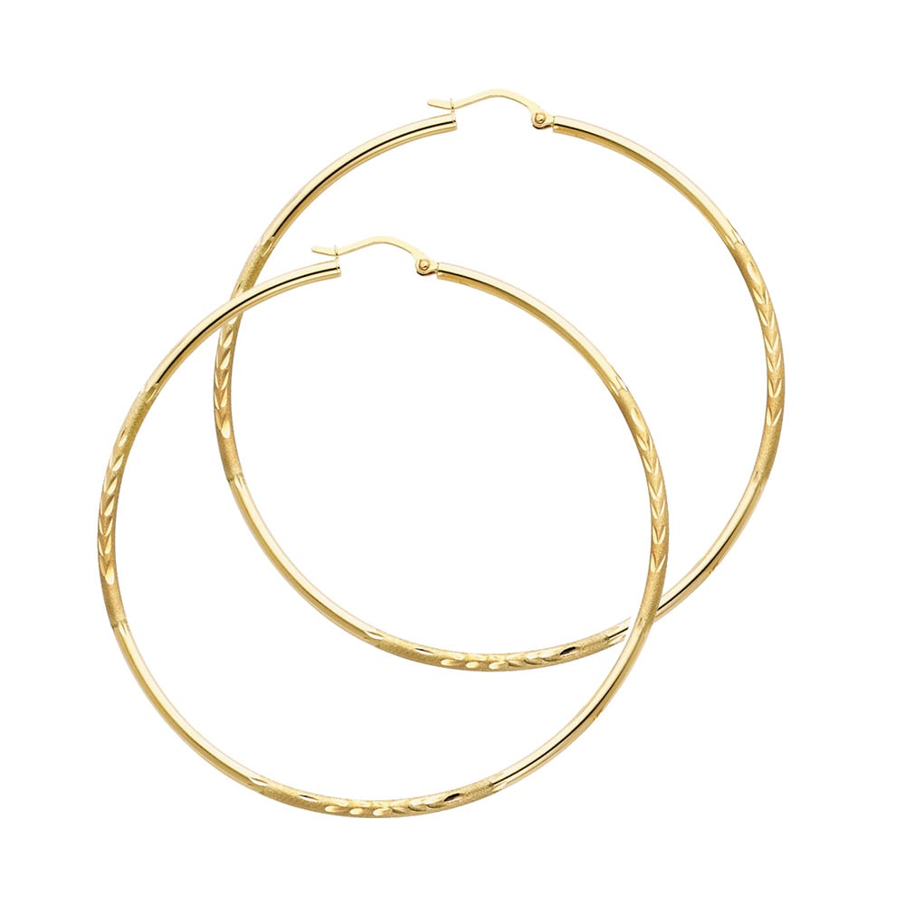 14KY BUDDED DC ROUND TUBE HOOP EARRINGS: 14KY Budded DC Round Tube Hoop Earrings Material Type : 14k Gold Material Color : Yellow Avg. Weight: Avg. Weight: 2.67 Gr. Size: Height : 55 mm, Width : 55 mm Accessories: None Notice: When