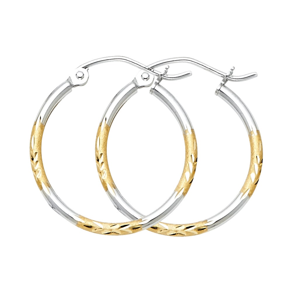 14K 2T BUDDED DC HOOP EARRINGS: 14K 2T Budded DC Hoop Earrings Material Type : 14k Gold Material Color : Two Tone Avg. Weight: Avg. Weight: 0.84 Gr. Size: Height : 20 mm, Width : 20 mm Accessories: None Notice: When purchasing