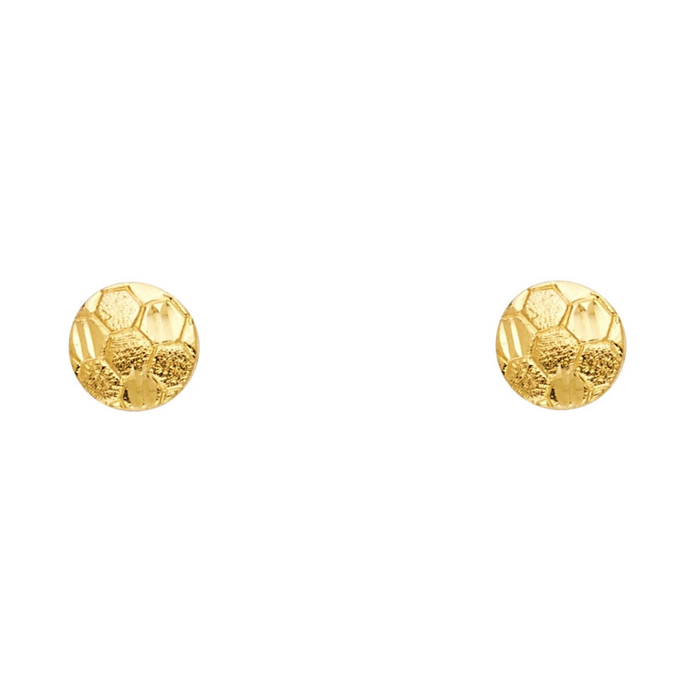 14KY SMALL SOCCER BALL POST EARRINGS: 14KY Small Soccer Ball Post Earrings Material Type : 14k Gold Material Color : Yellow Avg. Weight: Avg. Weight: 0.87 Gr. Size: Height : 8 mm, Width : 8 mm Accessories: None Notice: When purchasing