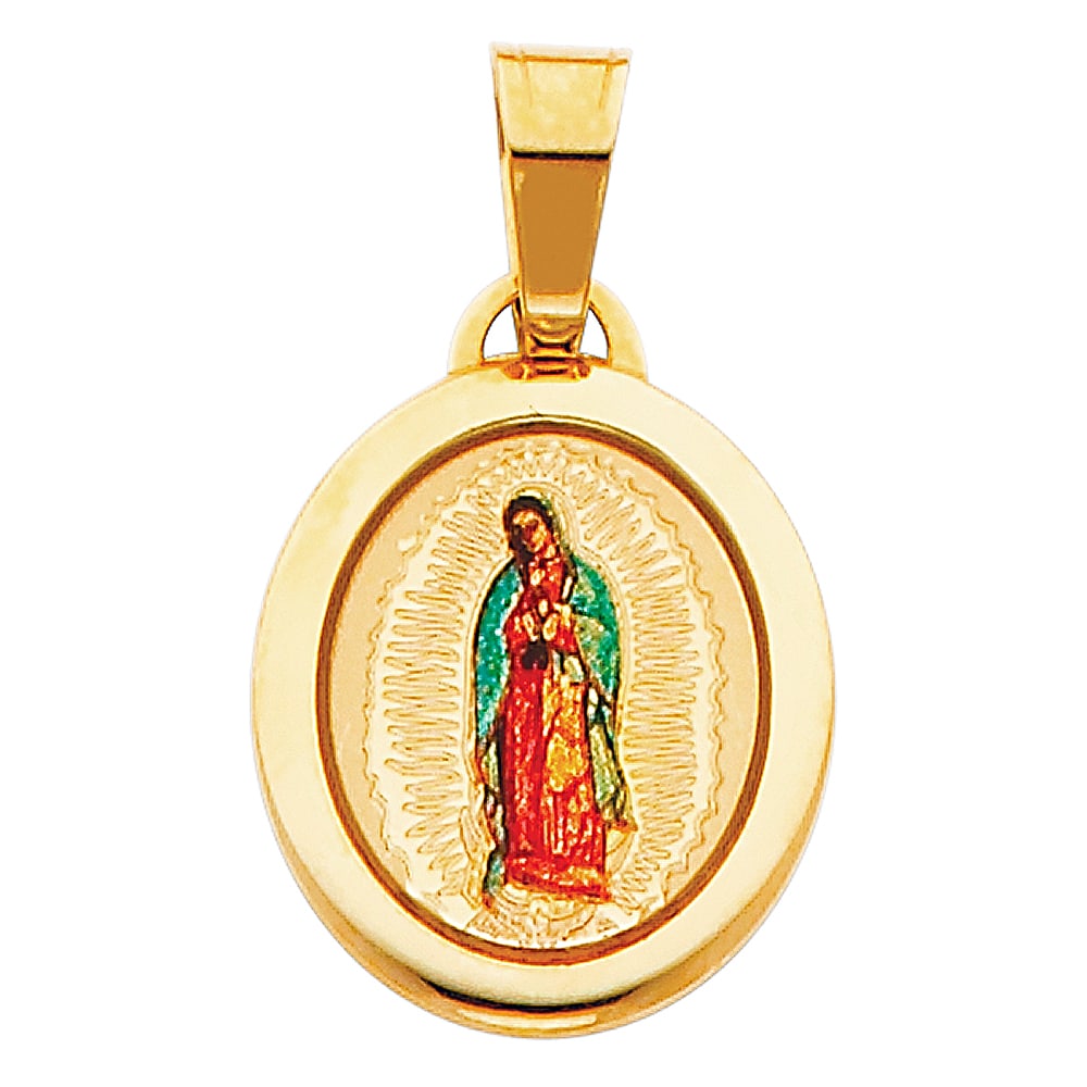 14KY VIRGIN DE GUADALUPE PICTURE PENDANT: 14KY Virgin De Guadalupe Picture Pendant Material Type : 14k Gold Material Color : Yellow Avg. Weight: Avg. Weight: 1.02 Gr. Size: Height 18 mm, Width 15 mm Accessories: None Notice: When purchasing