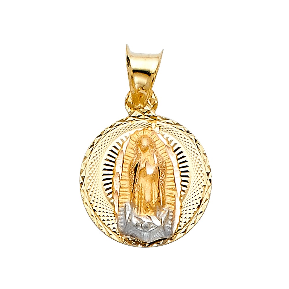 14K 2T RELIGIOUS STAMP PENDANT: 14K 2T Religious Stamp Pendant Material Type : 14k Gold Material Color : Two Tone Avg. Weight: Avg. Weight: 0.61 Gr. Size: Height 20 mm, Width 13 mm Accessories: None Notice: When purchasing