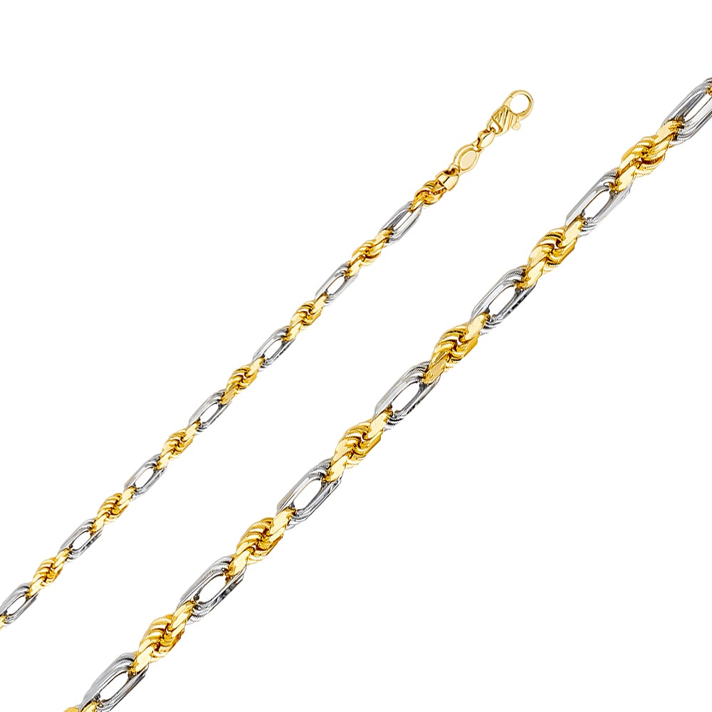 14K 2T FIGAROPE CHAIN: 14K 2T Figarope Chain Material Type : 14k Gold Material Color : Two Tone Avg. Weight: Avg. Weight: 23.93 Gr. Size: Length : 8.5 inch, Width 5mm Accessories: None Notice: When purchasing pre-owned