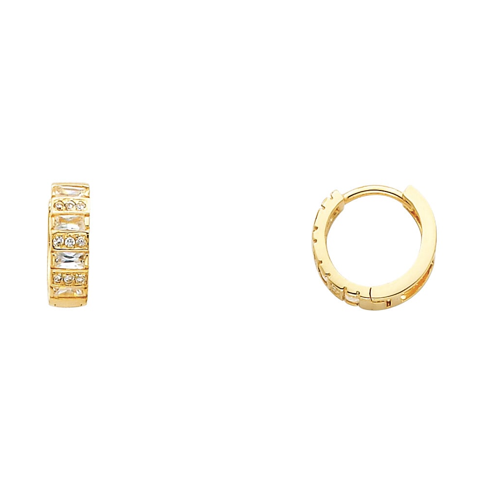 14KY CZ HUGGIES EARRINGS: 14KY CZ Huggies Earrings Material Type : 14k Gold Material Color : White Avg. Weight: Avg. Weight: 1.48 Gr. Size: Height : 12 mm, Width : 12 mm Accessories: None Notice: When purchasing pre-owned