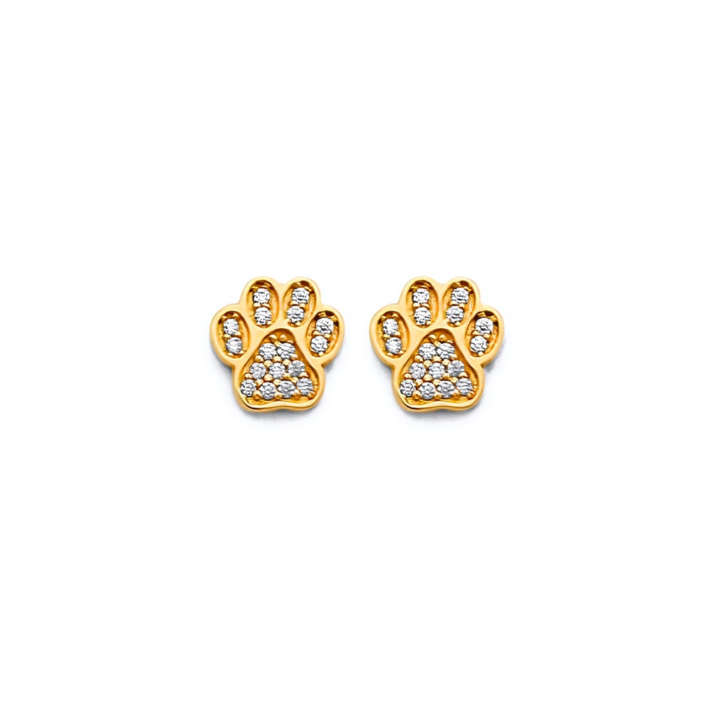 14KY CZ PAW PUSH BACK EARRINGS: 14KY CZ Paw Push Back Earrings Material Type : 14k Gold Material Color : Yellow Avg. Weight: Avg. Weight: 1.26 Gr. Size: Height : 7 mm, Width : 7 mm Accessories: None Notice: When purchasing