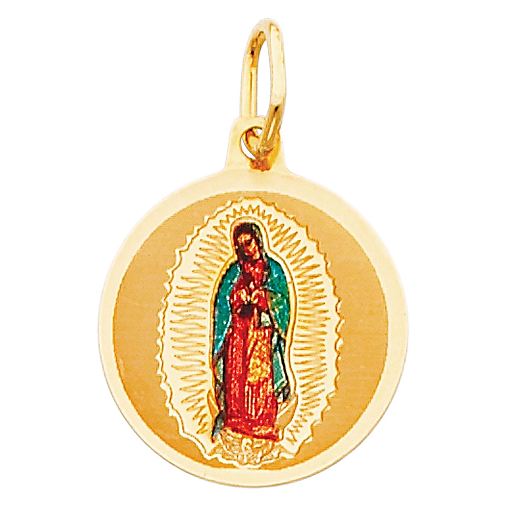14KY VIRGIN DE GUADALUPE PICTURE PENDANT: 14KY Virgin De Guadalupe Picture Pendant Material Type : 14k Gold Material Color : Yellow Avg. Weight: Avg. Weight: 0.8 Gr. Size: Height 15.5 mm, Width 15 mm Accessories: None Notice: When purchasing