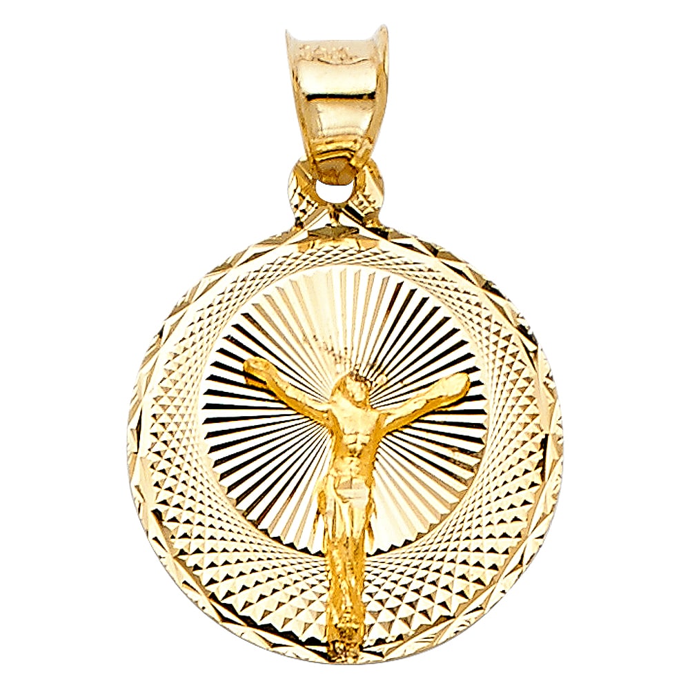 14KY RELIGIOUS STAMP PENDANT: 14KY Religious Stamp Pendant Material Type : 14k Gold Material Color : Yellow Avg. Weight: Avg. Weight: 1.37 Gr. Size: Height 20 mm, Width 15 mm Accessories: None Notice: When purchasing pre-owned
