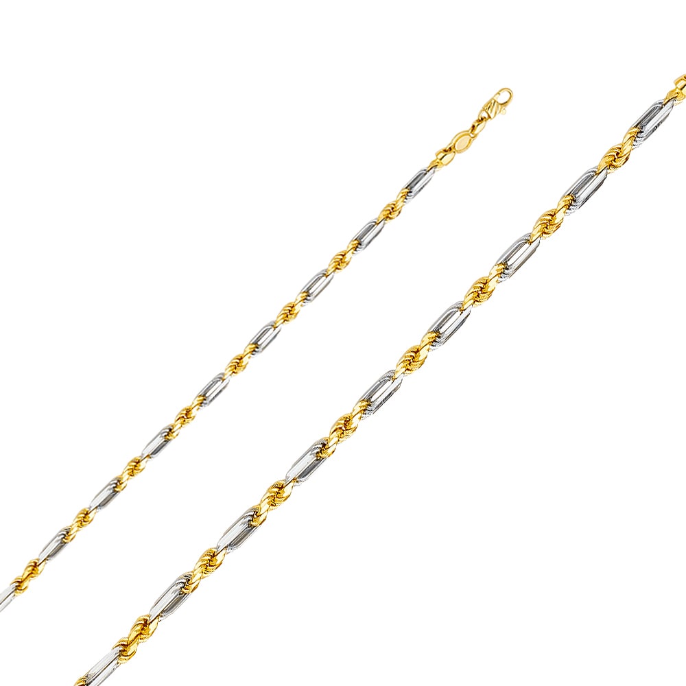 14K 2T FIGAROPE CHAIN: 14K 2T Figarope Chain Material Type : 14k Gold Material Color : Two Tone Avg. Weight: Avg. Weight: 12.46 Gr. Size: Length : 8.5 inch, Width 4mm Accessories: None Notice: When purchasing pre-owned