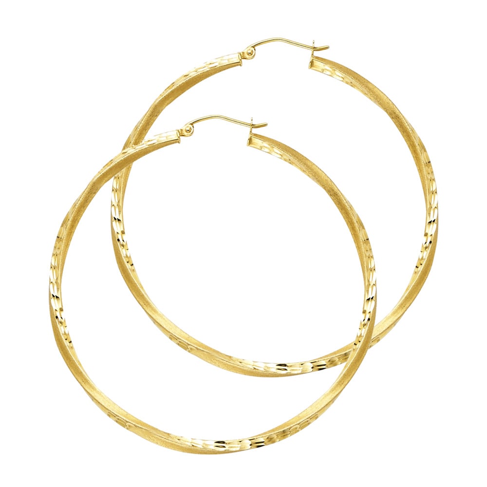 14KY SF DC SWIRL HOOP EARRINGS: 14KY SF DC Swirl Hoop Earrings Material Type : 14k Gold Material Color : Yellow Avg. Weight: Avg. Weight: 3.4 Gr. Size: Height : 45 mm, Width : 45 mm Accessories: None Notice: When purchasing