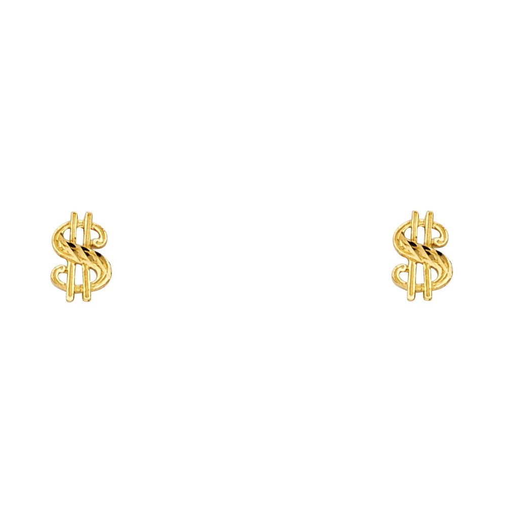 14KY SMALL $ SYMBOL POST EARRINGS: 14KY Small $ Symbol Post Earrings Material Type : 14k Gold Material Color : Yellow Avg. Weight: Avg. Weight: 0.53 Gr. Size: Height : 8 mm, Width : 4 mm Accessories: None Notice: When purchasing pre