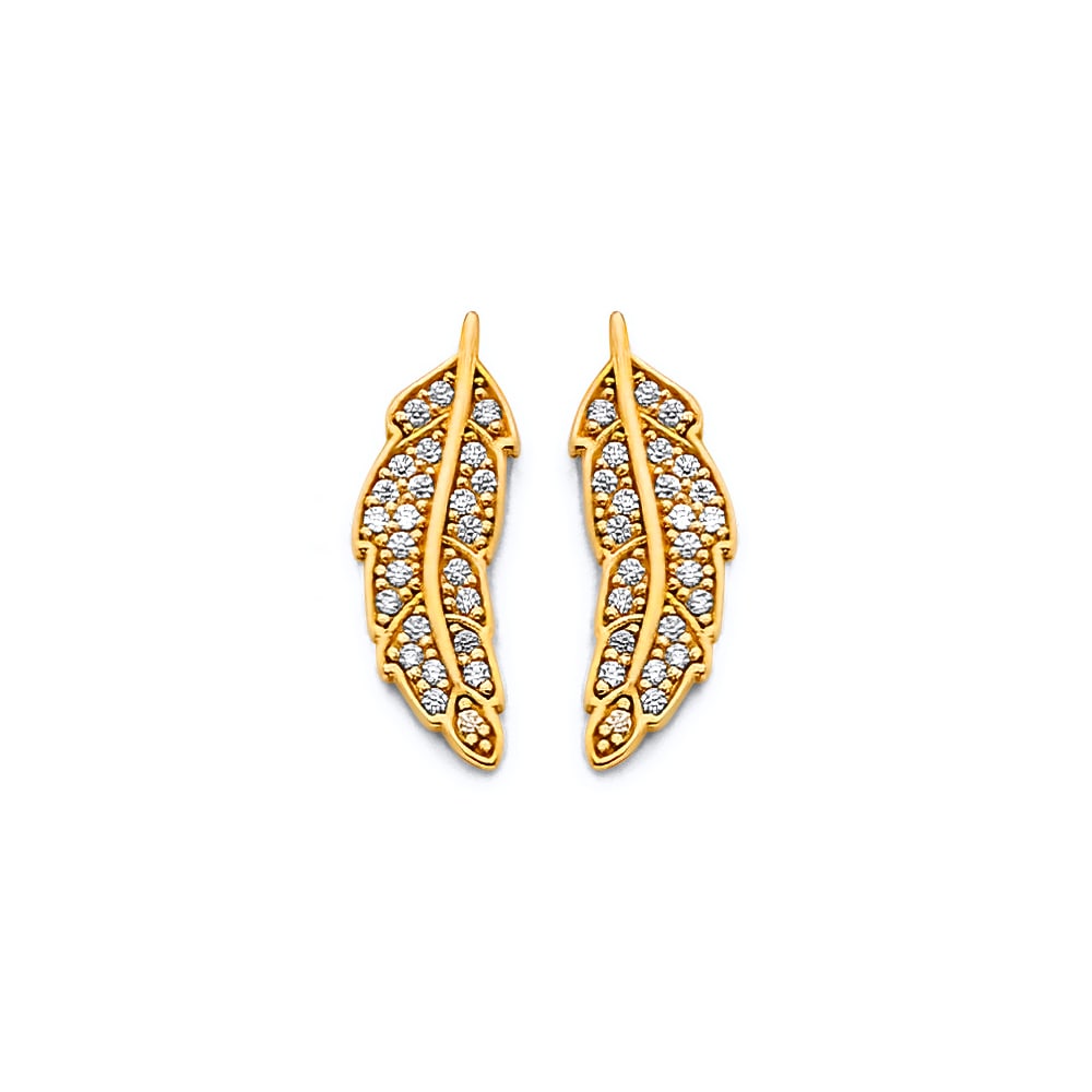 14KY CZ FEATHER PUSH BACK EARRINGS: 14KY CZ Feather Push Back Earrings Material Type : 14k Gold Material Color : Yellow Avg. Weight: Avg. Weight: 1.93 Gr. Size: Height : 18 mm, Width : 5 mm Accessories: None Notice: When purchasing p