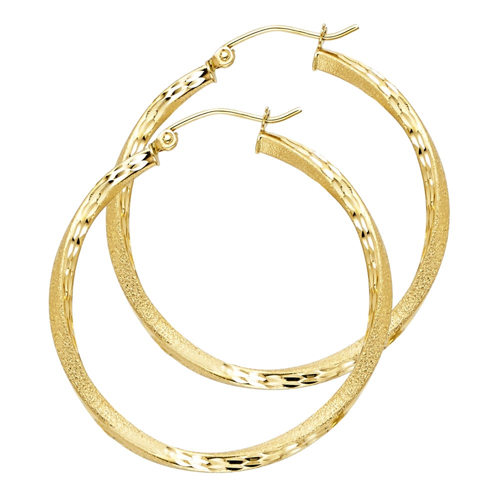 14KY SF DC SWIRL HOOP EARRINGS: 14KY SF DC Swirl Hoop Earrings Material Type : 14k Gold Material Color : Yellow Avg. Weight: Avg. Weight: 2.59 Gr. Size: Height : 35 mm, Width : 35 mm Accessories: None Notice: When purchasing