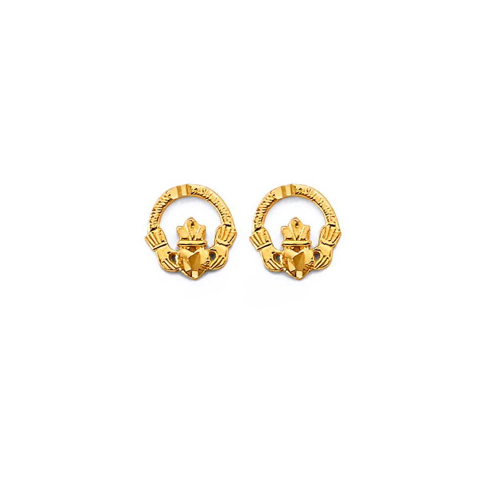 14KY CLADDAGH PUSH BACK EARRINGS: 14KY Claddagh Push Back Earrings Material Type : 14k Gold Material Color : Yellow Avg. Weight: Avg. Weight: 0.76 Gr. Size: Height : 7 mm, Width : 7 mm Accessories: None Notice: When purchasing