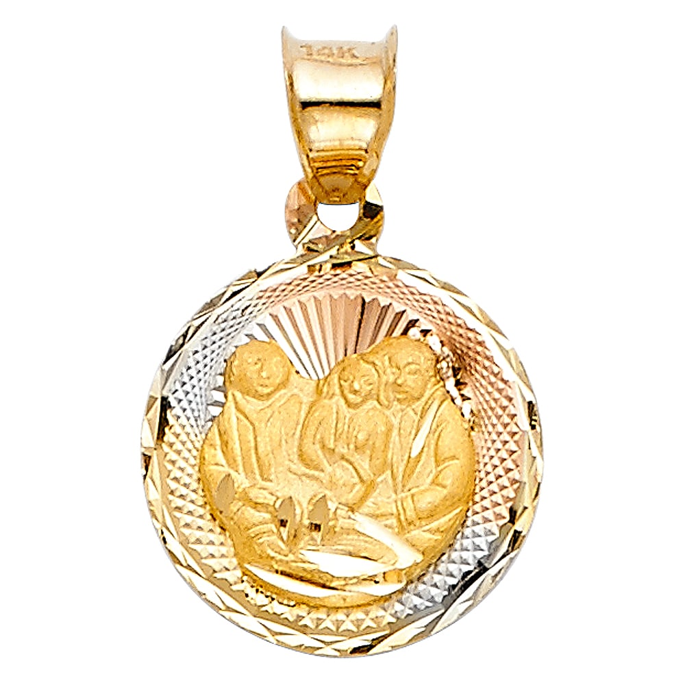 14K 3C RELIGIOUS STAMP PENDANT: 14K 3C Religious Stamp Pendant Material Type : 14k Gold Material Color : Tri Color Avg. Weight: Avg. Weight: 1.03 Gr. Size: Height 15 mm, Width 12 mm Accessories: None Notice: When purchasing pre-o