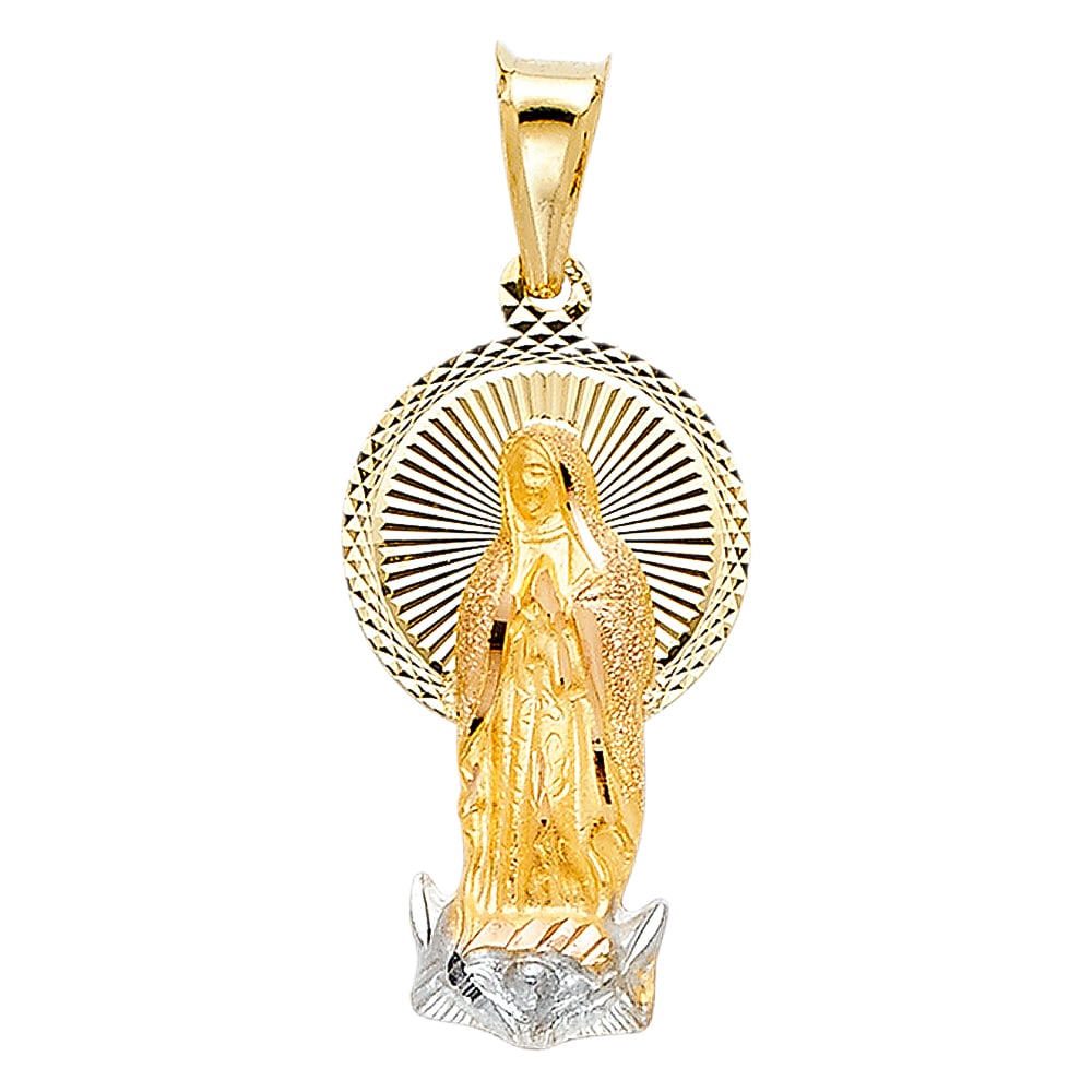 14K 2T RELIGIOUS STAMP PENDANT: 14K 2T Religious Stamp Pendant Material Type : 14k Gold Material Color : Two Tone Avg. Weight: Avg. Weight: 1.5 Gr. Size: Height 27 mm, Width 13 mm Accessories: None Notice: When purchasing pre-own